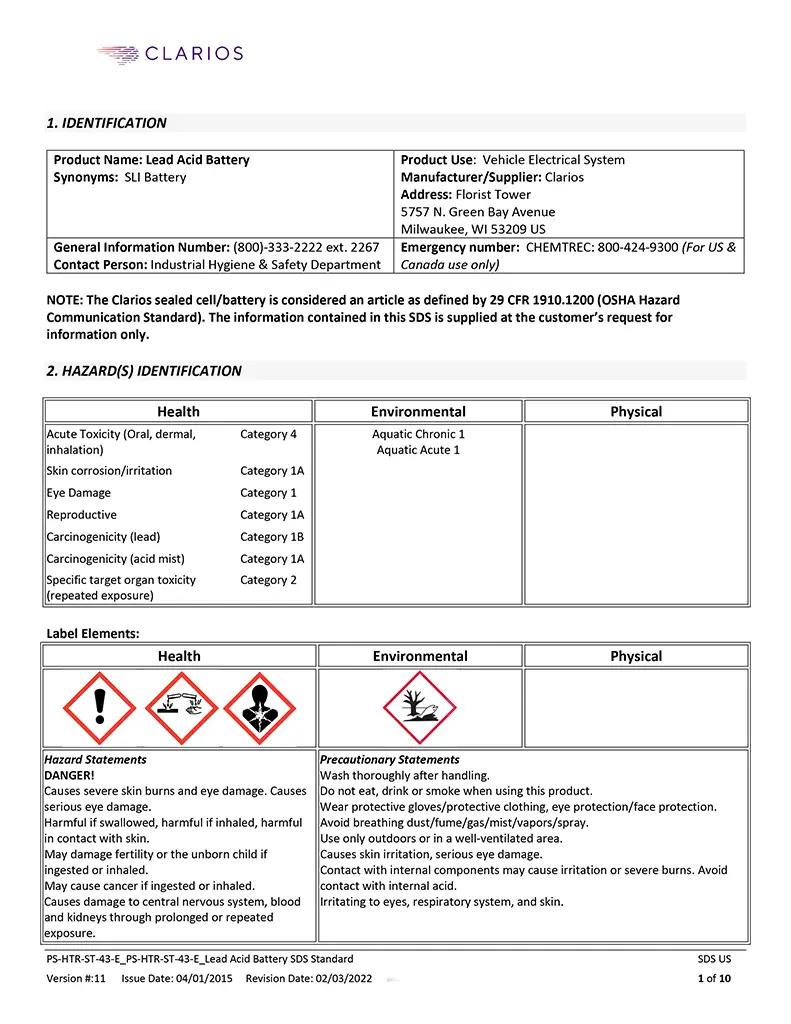 CLARIOS (LTH) Material Safety Data Sheet English Version-1