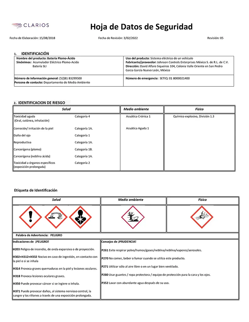 CLARIOS (LTH) Material Safety Data Sheet Spanish Version-1