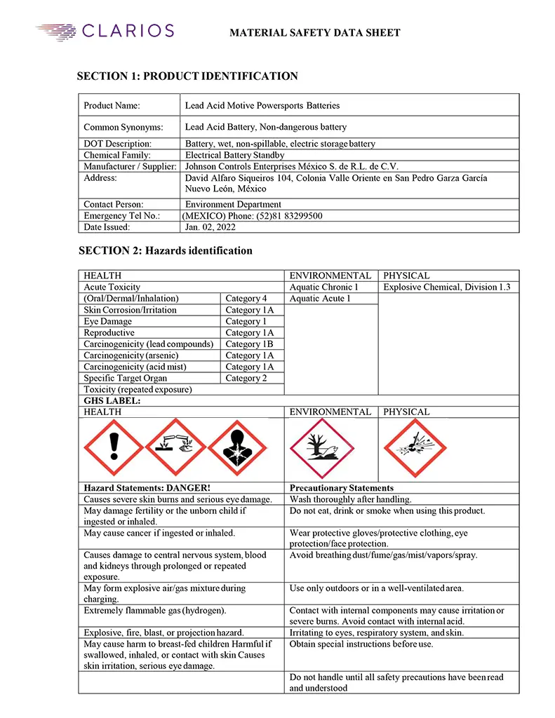 CLARIOS (LTH) Motorcycle Battery Material Safety Data Sheet-1