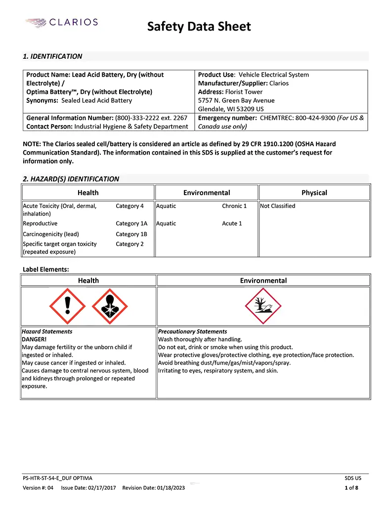 CLARIOS (OPTIMA) Material Safety Data Sheet English Version-1