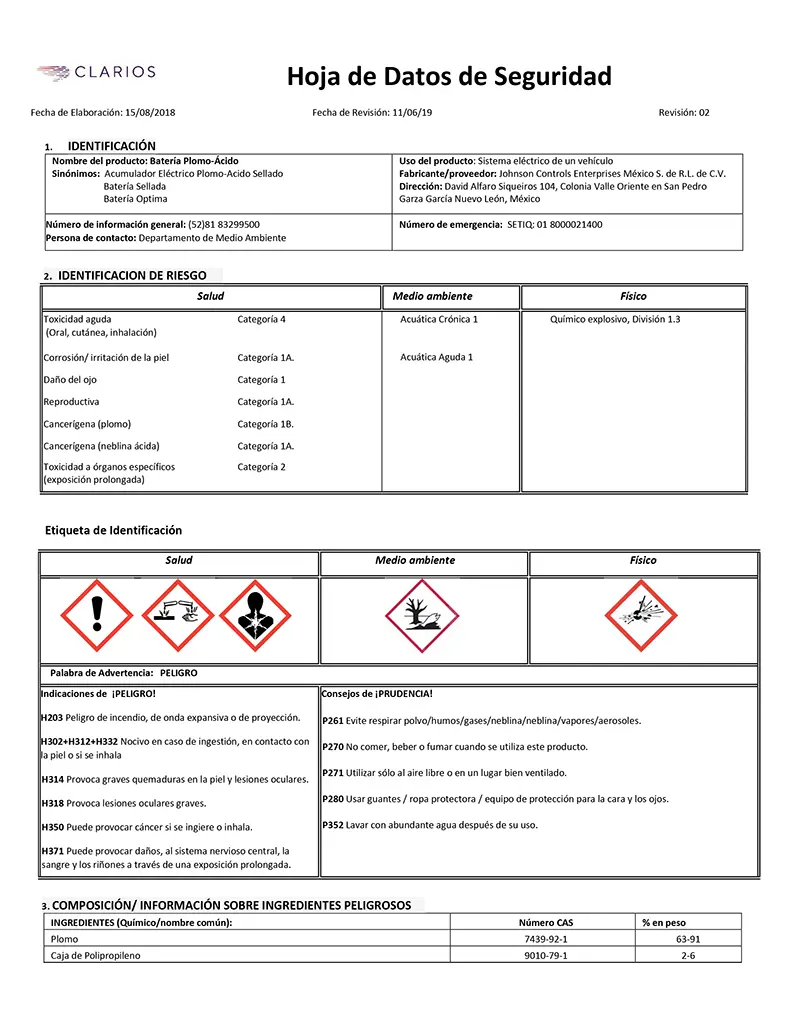 CLARIOS (OPTIMA) Material Safety Data Sheet Spanish Version