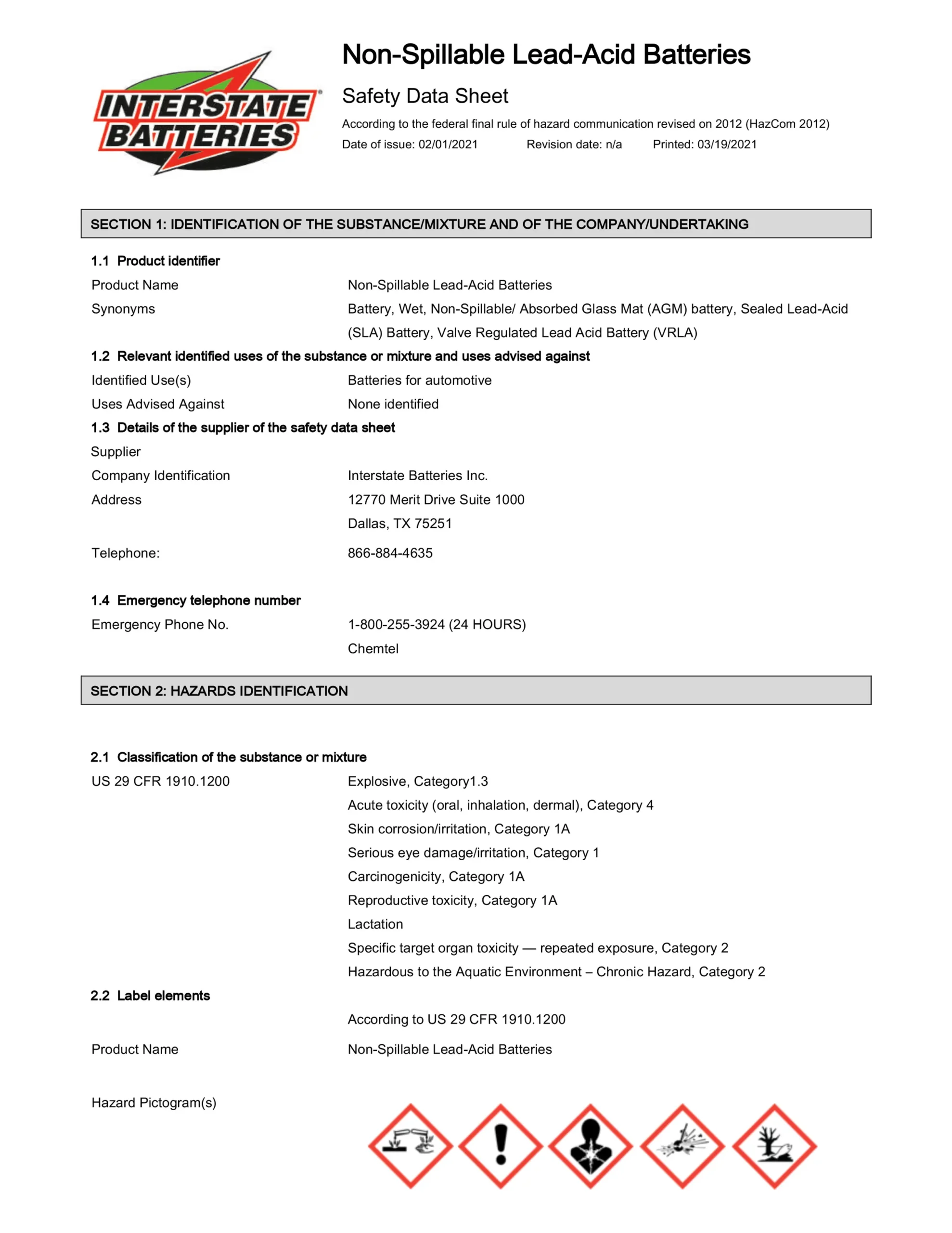 Interstate Battery Material Safety Data Sheet (AGM)-1